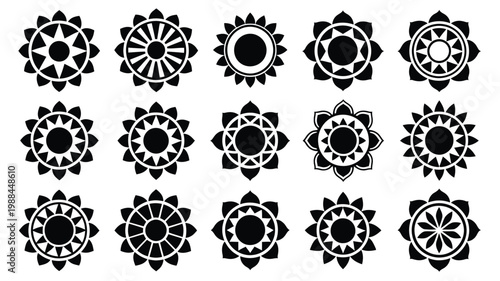 Black and white silhouettes of 15 intricate dharma wheel chakra symbols arranged in a grid on a clean background