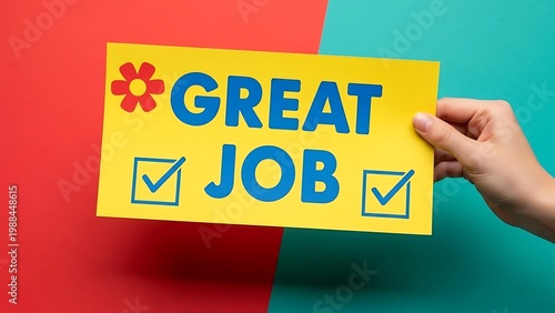 Great Job message on yellow card held by hand, positive employee recognition and feedback concept, success and achievement sign on red and teal background