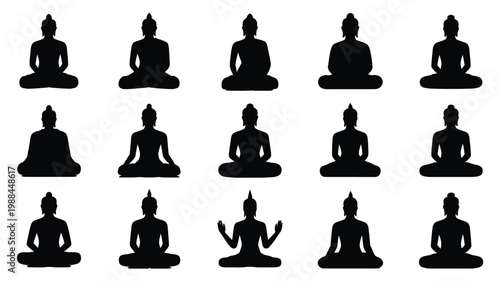 Collection of 15 minimalist buddha silhouette icons in meditation poses isolated on white background for design use