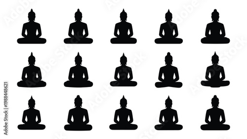 Collection of 15 black silhouette icons of buddha statues in meditation poses minimalist design isolated on white background