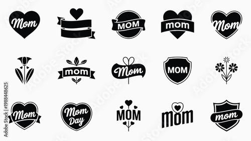 Black and white mother's day badges and symbols in a modern minimalist style with heart and flower designs