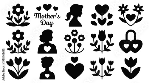 Vintage inspired mother's day silhouettes featuring heartwarming child and mother figures surrounded by flowers hearts and tulips in minimalist black and white design