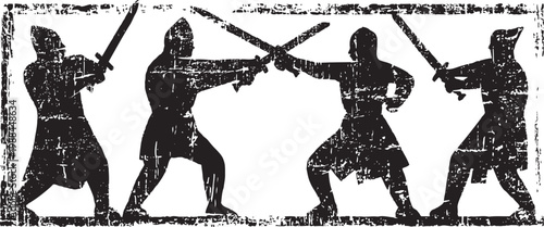 Medieval knights duel with swords in silhouette style, vintage battle illustration