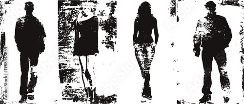 Silhouettes of four standing people, abstract high contrast black and white urban figures