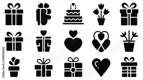 Black silhouette icons of gift boxes cakes flowers and hearts arranged in a minimalist grid layout for celebrations