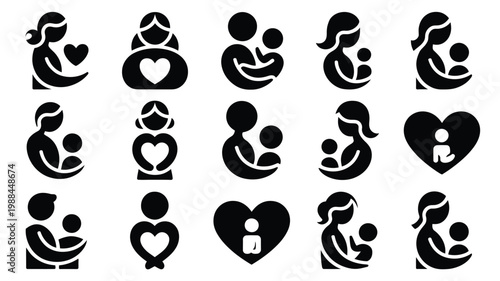 Billede på lærred Minimalist mother's day icon set featuring black silhouettes of mothers and chil