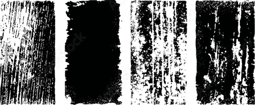 set of four vertical black and white distressed grunge wood texture backgrounds with rough worn patterns