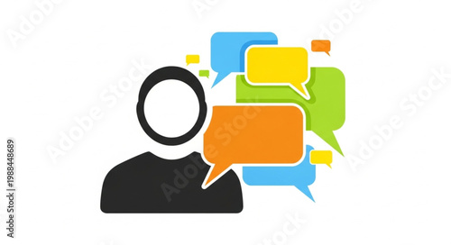 Person with speech bubbles chat.