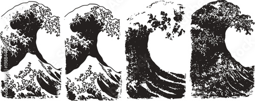 Four black and white artistic ocean wave illustrations with distinct textures and styles