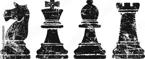 Vintage distressed chess pieces set with knight king bishop and rook silhouettes