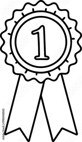 Number one award ribbon outline prize medal with ribbons, first place winner achievement badge symbol