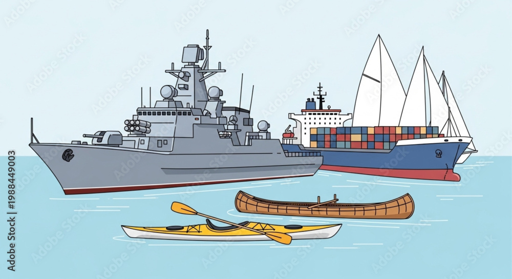 Naklejka premium Various watercraft including a warship cargo ship sailboat kayak and canoe.