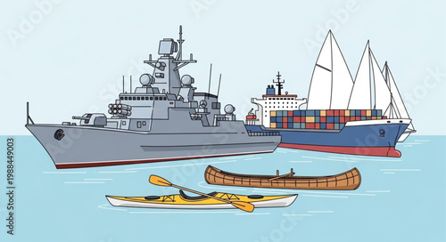 Various watercraft including a warship cargo ship sailboat kayak and canoe.