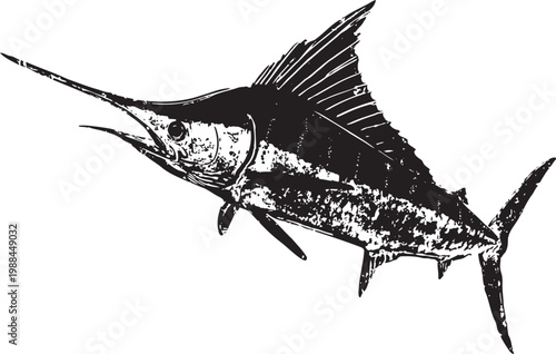 Black swordfish illustration with detailed fins and scales, marine sea life design