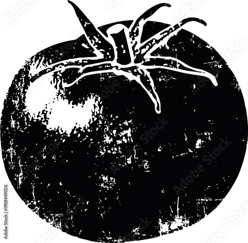 Grunge tomato icon with rough texture and stem detail in black and white design