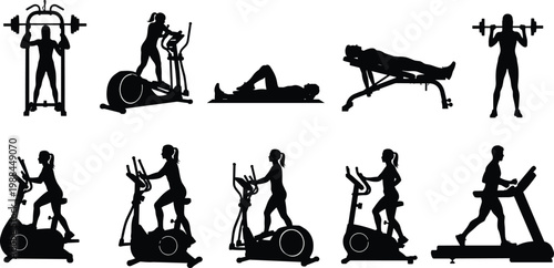 Gym fitness silhouette set featuring people exercising with treadmill, elliptical, weights, and bench workout equipment vector illustration isolated on white