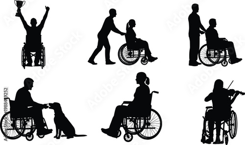 Inclusive wheelchair silhouettes showing diverse activities including sports, assistance, companionship, pets, and artistic expression vector illustration