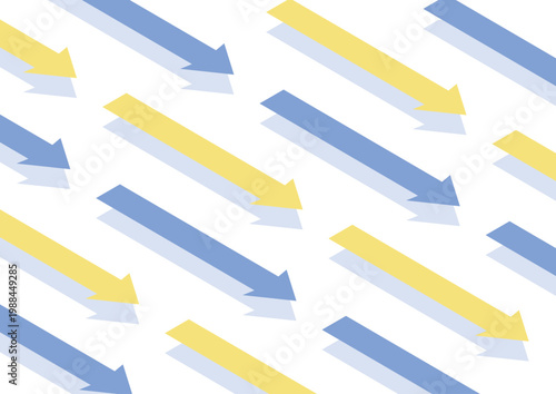 【背景透過】青と黄色の右肩下がりの長い矢印が規則正しく並んでいるアイソメトリックなデザイン