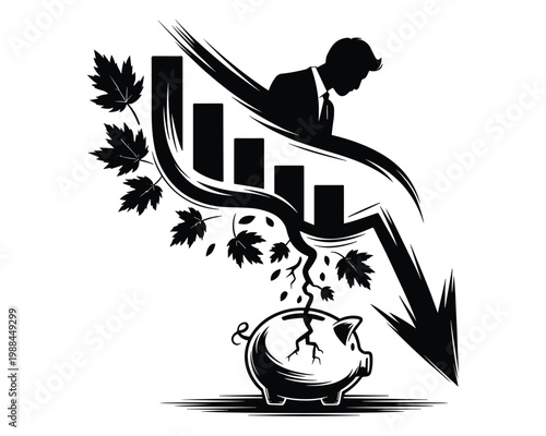 Business decline concept represented by a falling graph arrow over a cracked piggy bank with maple leaves