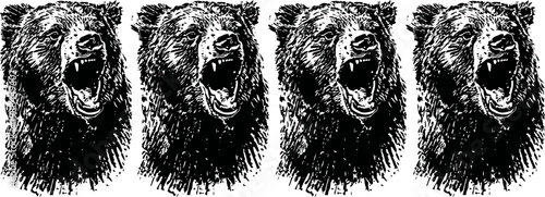 roaring grizzly bear heads in black ink style, wild animal illustration set with fierce expression
