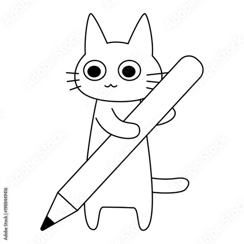 大きなペンを抱えた猫のシンプルなキャラクターイラスト