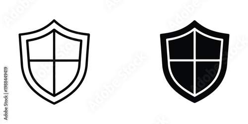 Two contrasting heraldic shields displaying a cross symbol in white and black versions