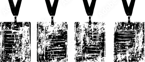 Black ink grunge vertical tags with text lines hanging from stylish straps