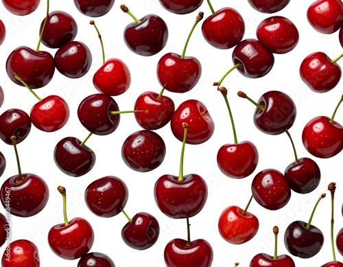 Vibrant cherries scattered across a white background highlighting glossy red fruit
