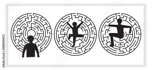 Man Walking Through Labyrinth for Life Challenge Concept Circle Maze Design