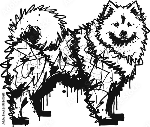 Abstract black and white sketch of a smiling fluffy dog with a curled tail and textured fur pattern