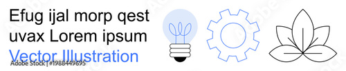 Sustainability, innovation, environment, technology, renewable energy, eco-friendly solutions. Lightbulb, gear and leaf icons together. Sustainability and innovation concept visually