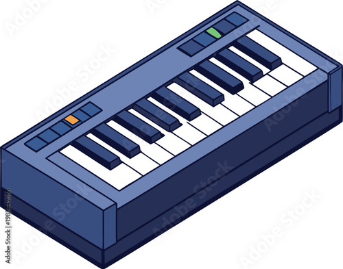 Isometric view of a single blue synthesizer keyboard on a white background