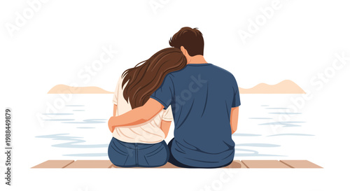 Couple sitting together by the water at sunset, enjoying time with each other and the serene view around them