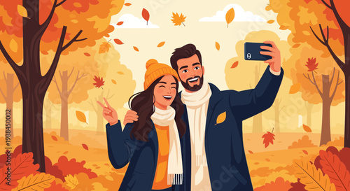 Couple takes a selfie in autumn park surrounded by colorful leaves during sunny day