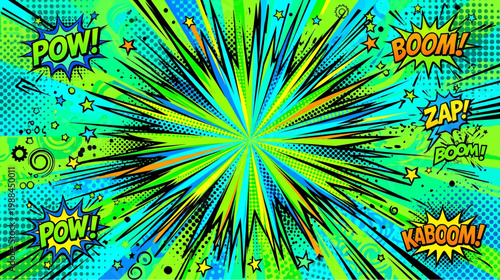 Vibrant Comic Book Style Explosion Background with Pop Art Text Effects.