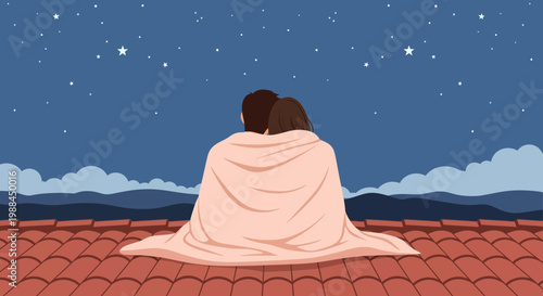 Couple sits under the stars on a rooftop in the evening while wrapped in a blanket and enjoying a quiet moment