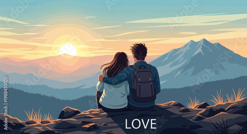 Couple watches sunset on mountain with love shown in the scene