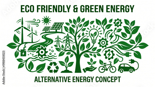Eco Friendly and Green Energy Concept with Renewable Icons in Tree Shape.