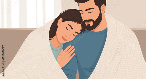 Couple sharing warmth under a blanket while resting together at home in the afternoon