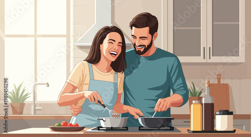 Couple cooks together in modern kitchen while sharing laughter and enjoying time together during afternoon