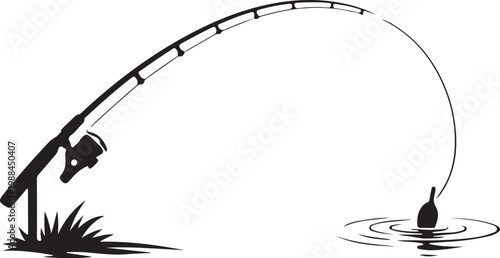 Clean black silhouette of fishing rod casting line into lake