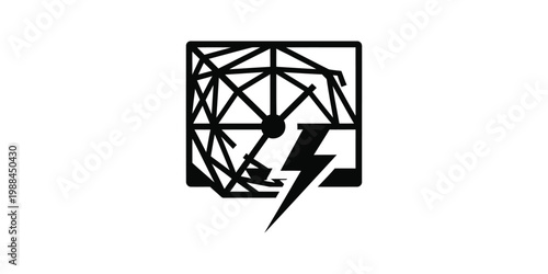 Abstract black and white lightning bolt within a geometric and chaotic frame design