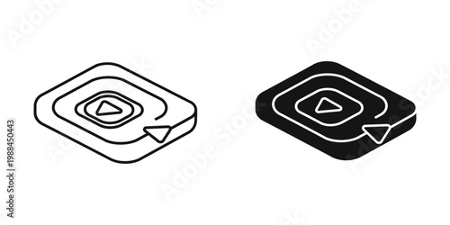 Isometric play and pause button icons in different styles
