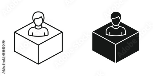 Isolated figures emerging from transparent and opaque cubes in minimalist design