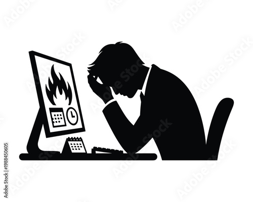 Silhouette of a stressed businessman with head in hands looking at computer screen displaying fire symbol
