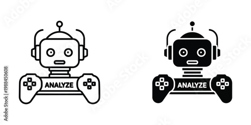 Robotic characters holding game controllers with analyze labels