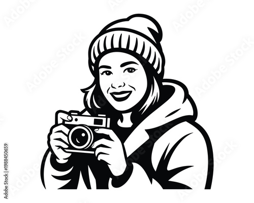 Smiling young woman wearing a beanie holding a vintage camera isolated on transparent background
