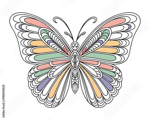 Stylized decorative butterfly illustration with pastel colored wings and intricate line art details