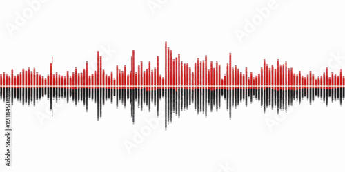 Red heart beat and audio wave vector illustration featuring a digital music frequency spectrum and blue technology line graph design on a white backdrop stock image