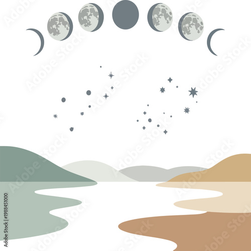 Minimalist moon phases and stars above abstract landscape